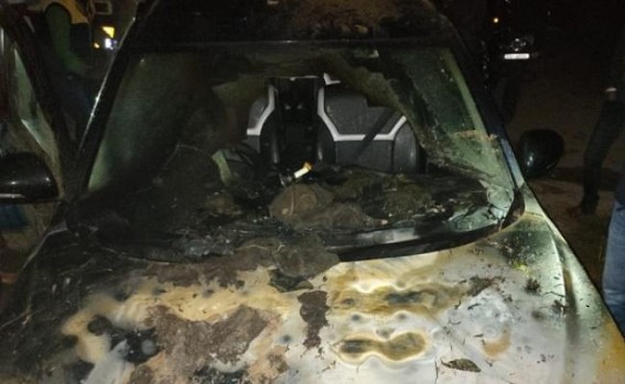 Person's car was set on fire by miscreants on yesterday mid-night